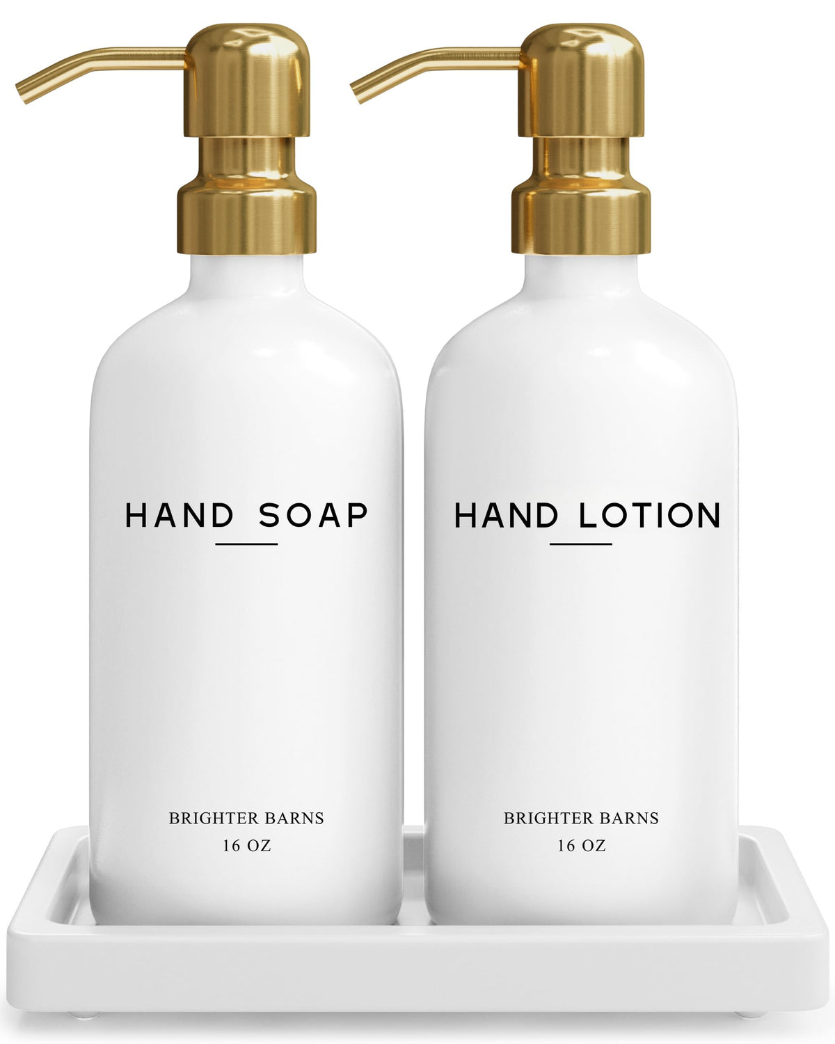 Brighter Barns luxury glass soap dispenser set with gold accents for upscale bathrooms.