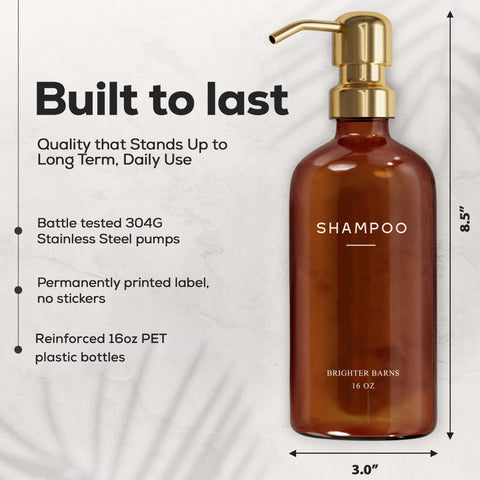 Brighter Barns refillable shampoo bottles set, durable PET, ideal for daily use.