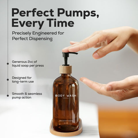 Brighter Barns shower dispenser on bathroom shelf adds neat decor to any bathroom.
