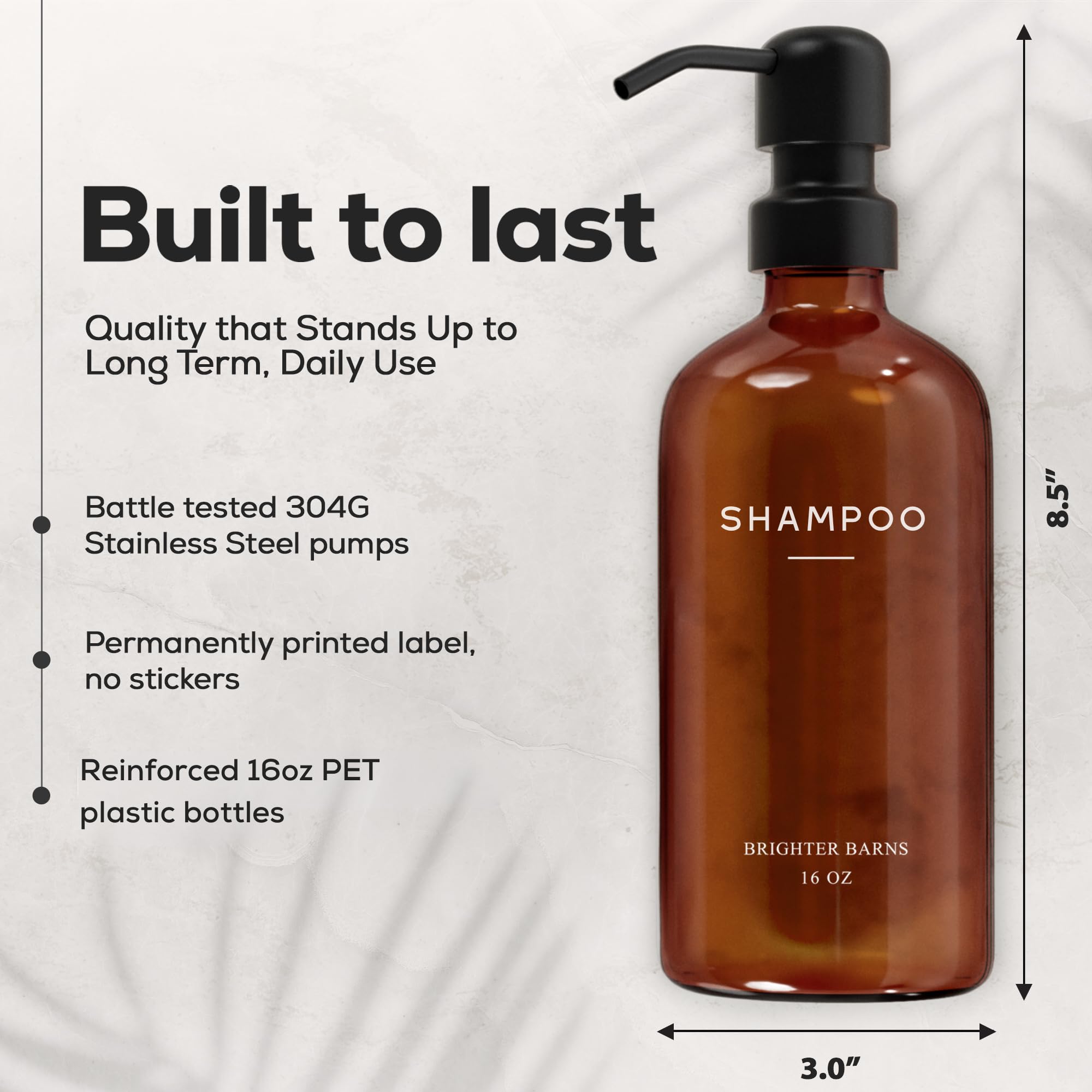 Brighter Barns durable stainless steel pumps paired with amber PET bottles for lasting use.