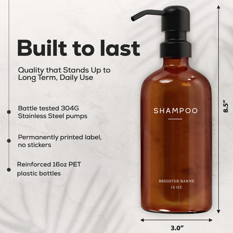 Brighter Barns durable stainless steel pumps paired with amber PET bottles for lasting use.