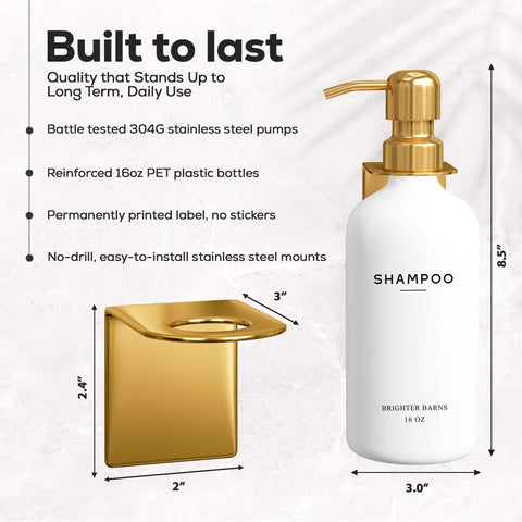 Brighter Barns three-chamber bottles with clear labeling for shampoo, conditioner, and body wash