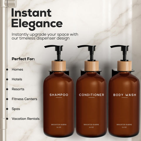 Brighter Barns three-chamber amber dispenser highlights modular shower organization and easy refill.