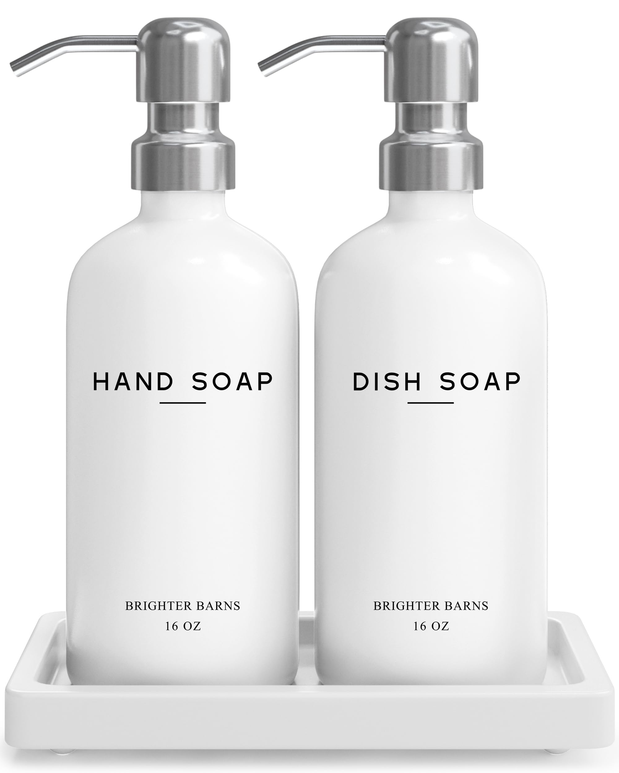 Brighter Barns white glass dispenser pair on a clean kitchen counter, stylish and reusable.