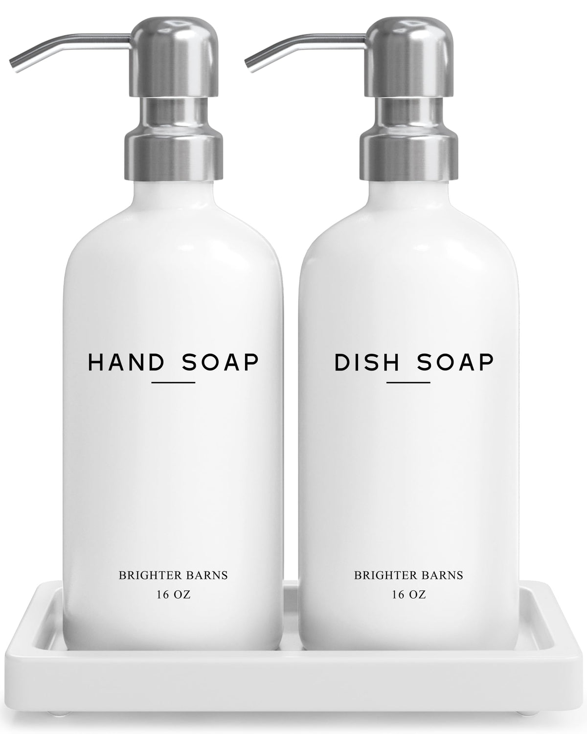 Brighter Barns white glass dispenser pair on a clean kitchen counter, stylish and reusable.