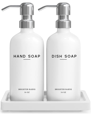 Brighter Barns white glass dispenser pair on a clean kitchen counter, stylish and reusable.