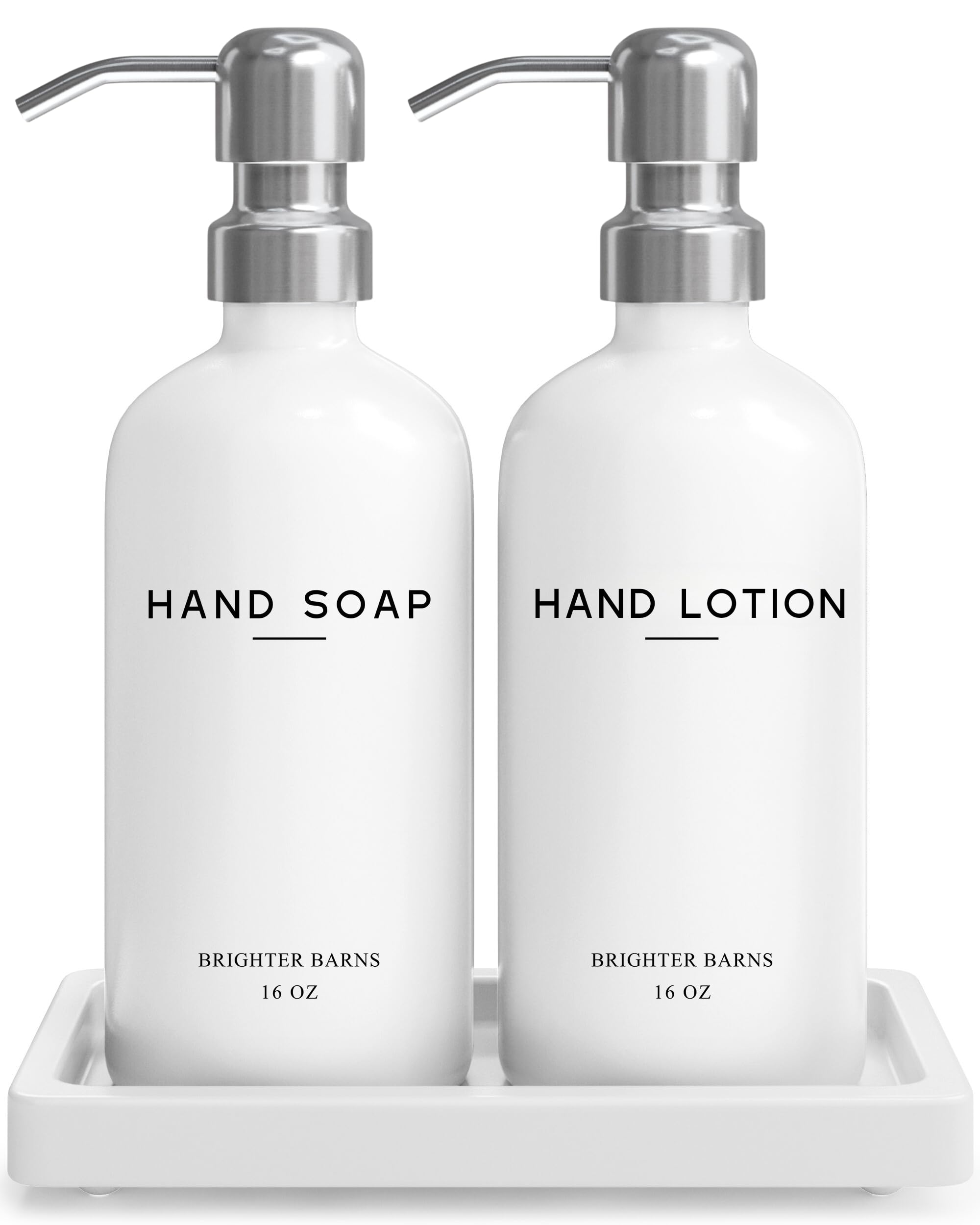 Brighter Barns white glass soap dispenser bottles for versatile hand soap or lotion