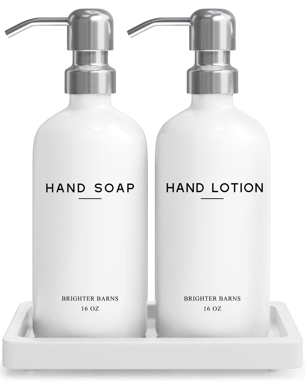Brighter Barns white glass soap dispenser bottles for versatile hand soap or lotion