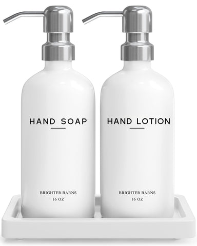 Brighter Barns white glass soap dispenser bottles for versatile hand soap or lotion