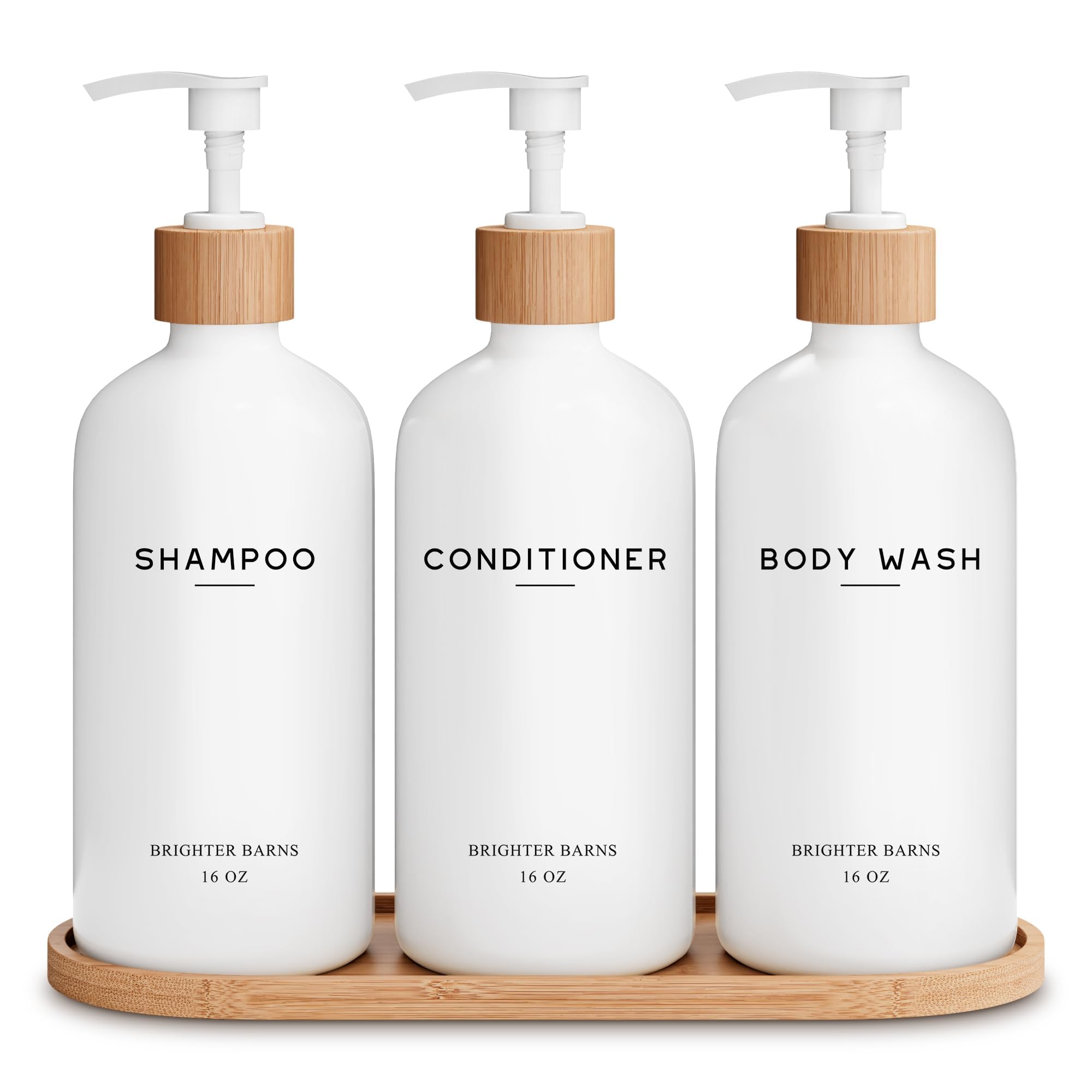 Brighter Barns white shampoo dispenser set bottle front for a sleek shower upgrade
