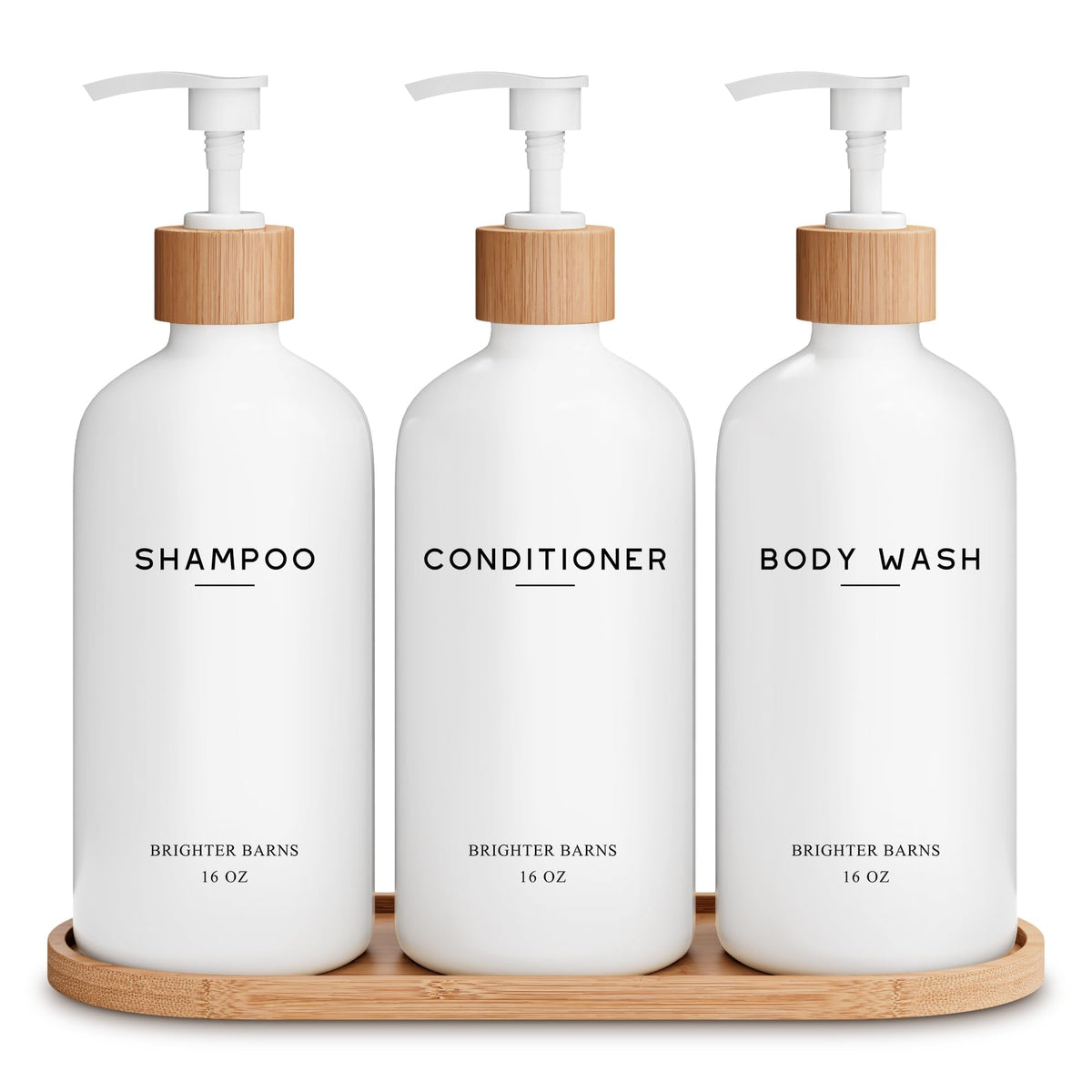 Brighter Barns white shampoo dispenser set bottle front for a sleek shower upgrade
