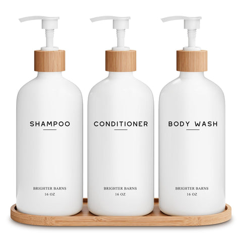 Brighter Barns white shampoo dispenser set bottle front for a sleek shower upgrade