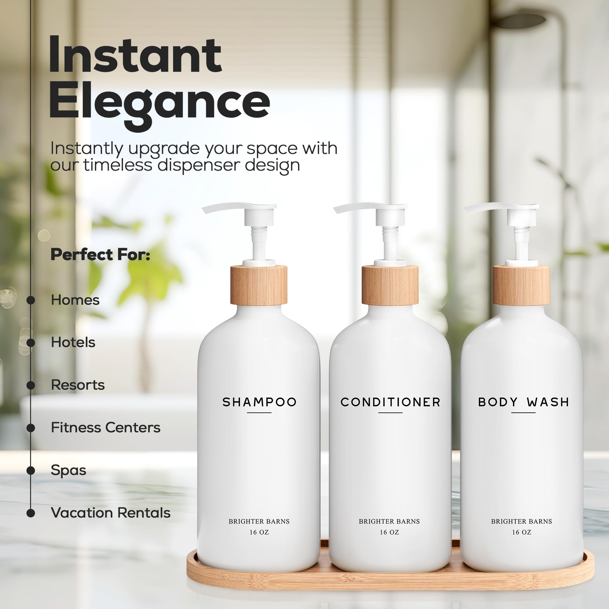 Brighter Barns white shampoo dispenser set pump closeup highlights easy, mess-free refills