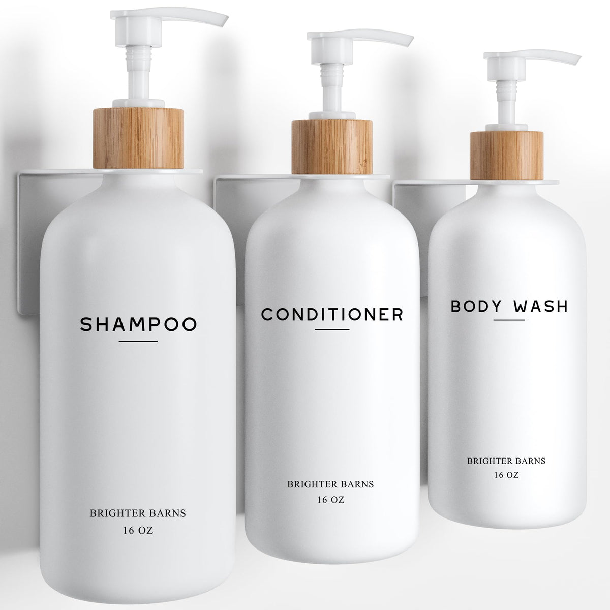 Brighter Barns white wall-mounted shampoo dispenser set in a clean shower, organized and refillable