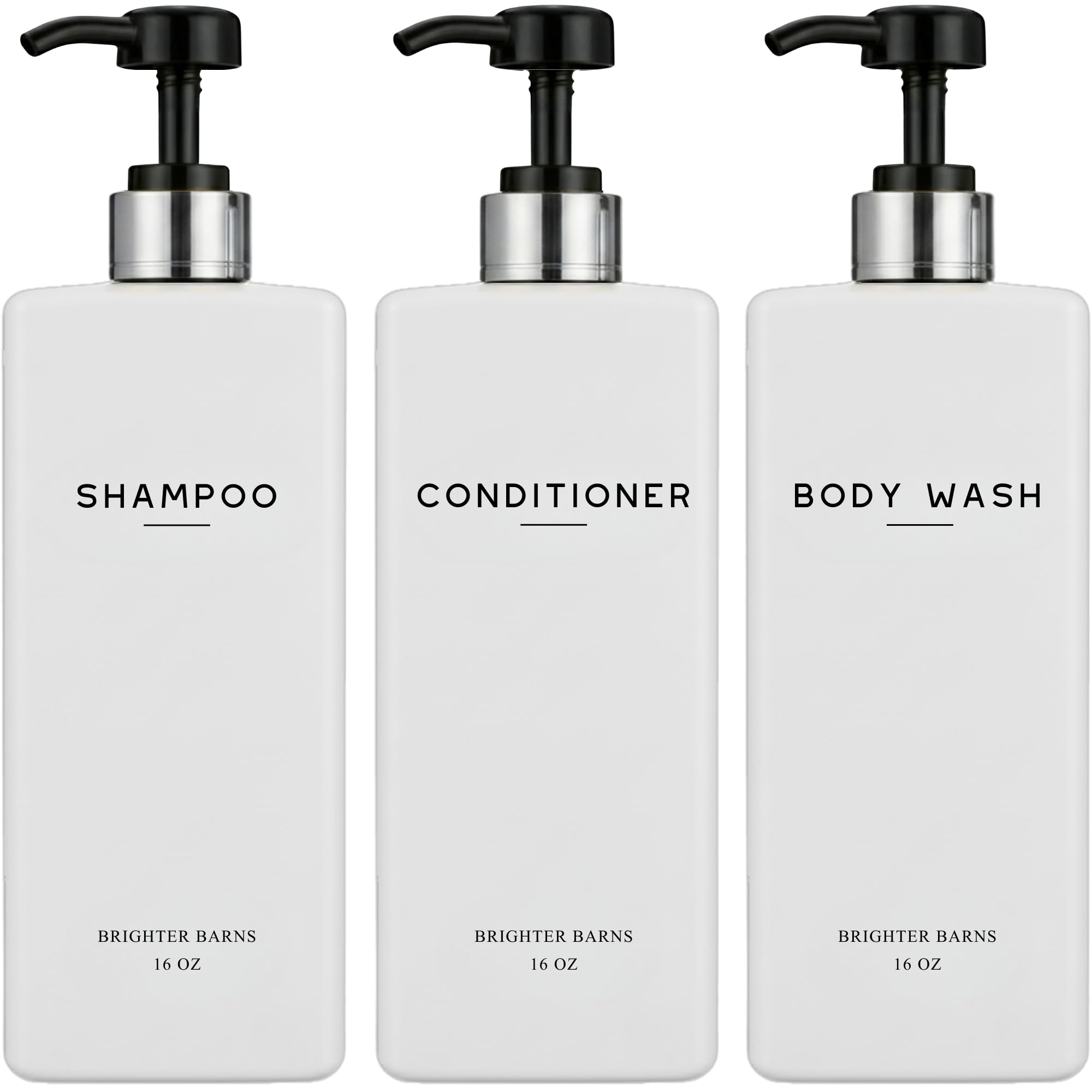 Brighter Barns white shampoo dispenser set in shower for clean, organized storage.
