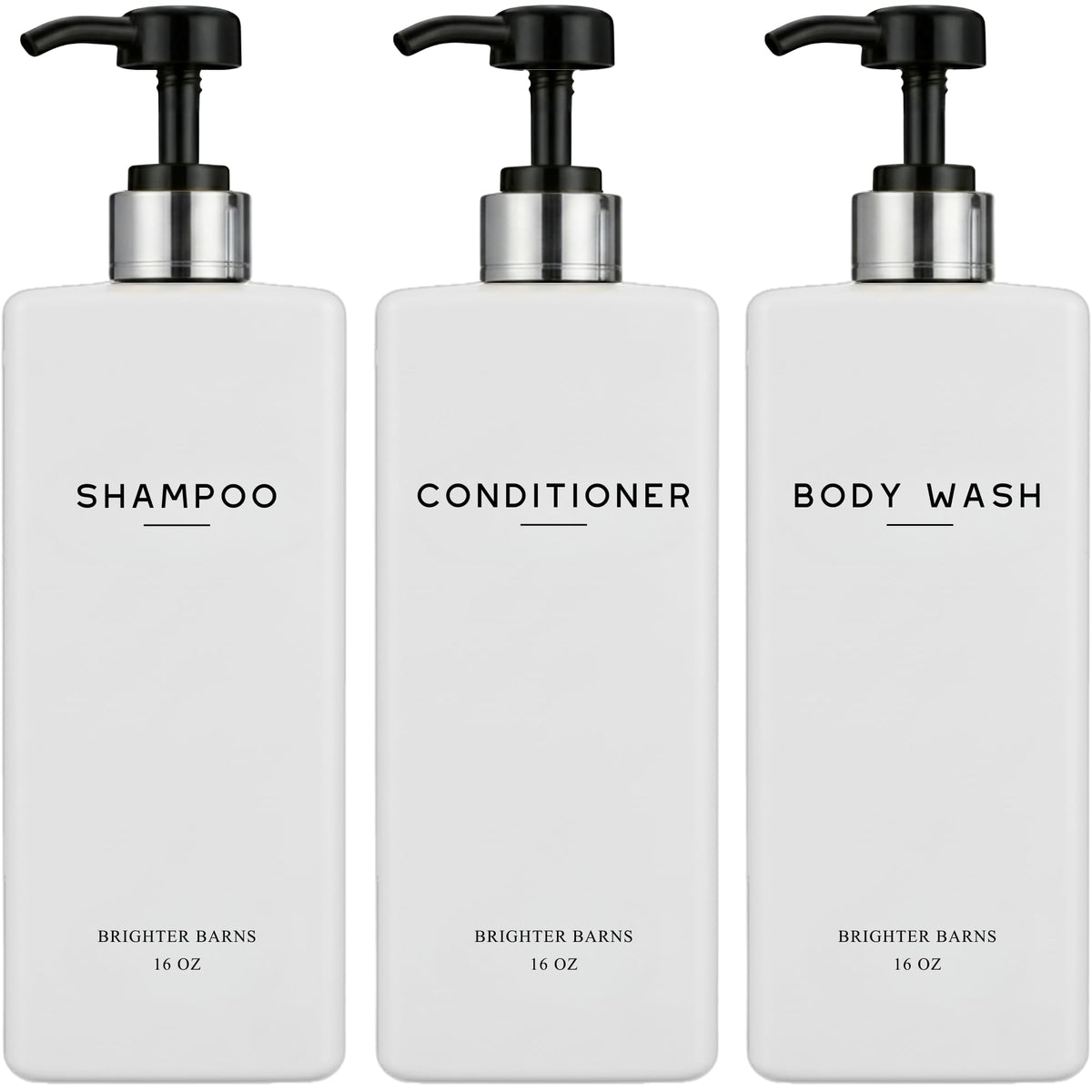 Brighter Barns white shampoo dispenser set in shower for clean, organized storage.