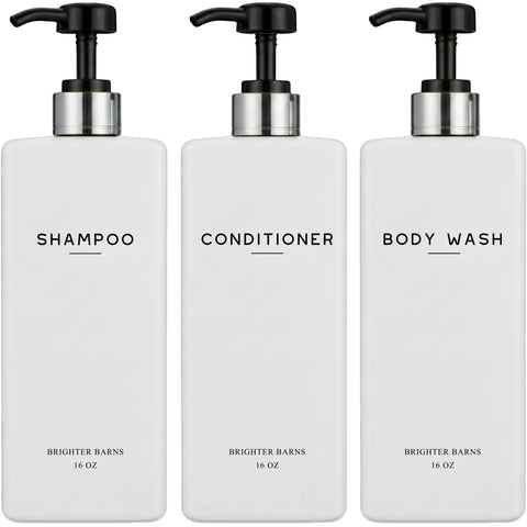 Brighter Barns white shampoo dispenser set in shower for clean, organized storage.