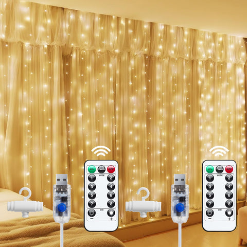 Brightown 300 LED curtain lights on curtains create a warm, cozy glow.