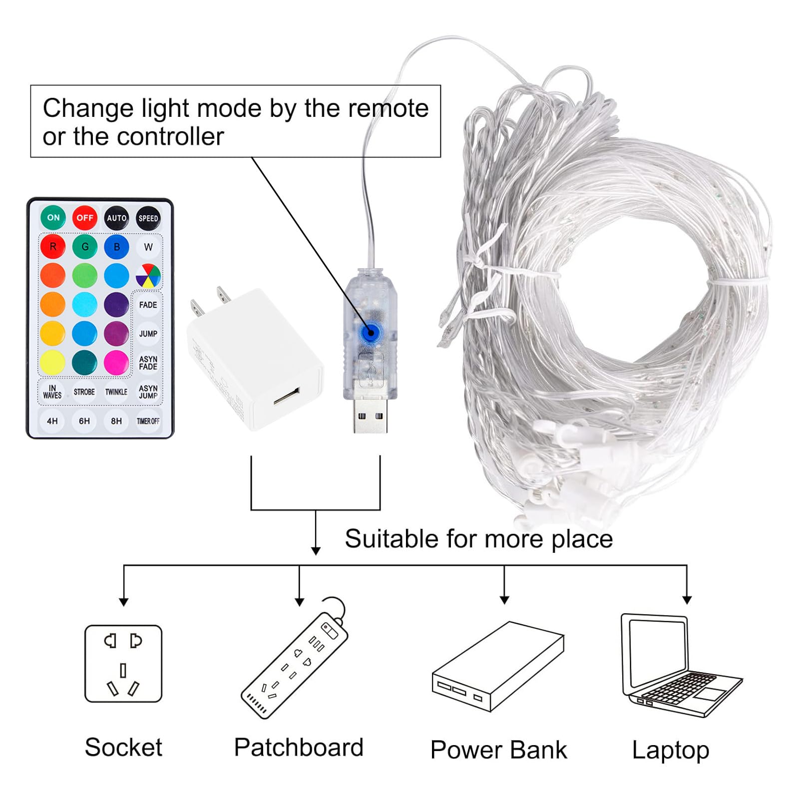 Brightown curtain lights include remote and USB adapter for quick setup.