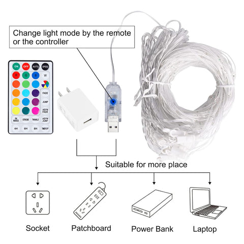 Brightown curtain lights include remote and USB adapter for quick setup.
