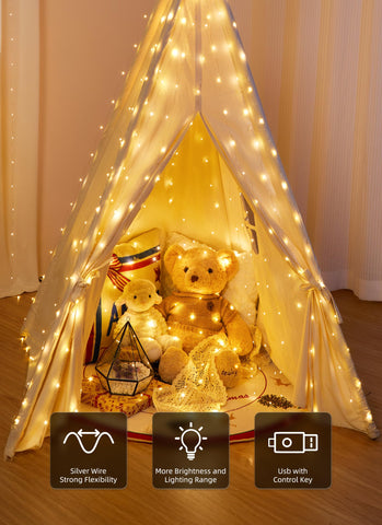 Brightown bendable copper wire curtain lights can be shaped into custom designs.