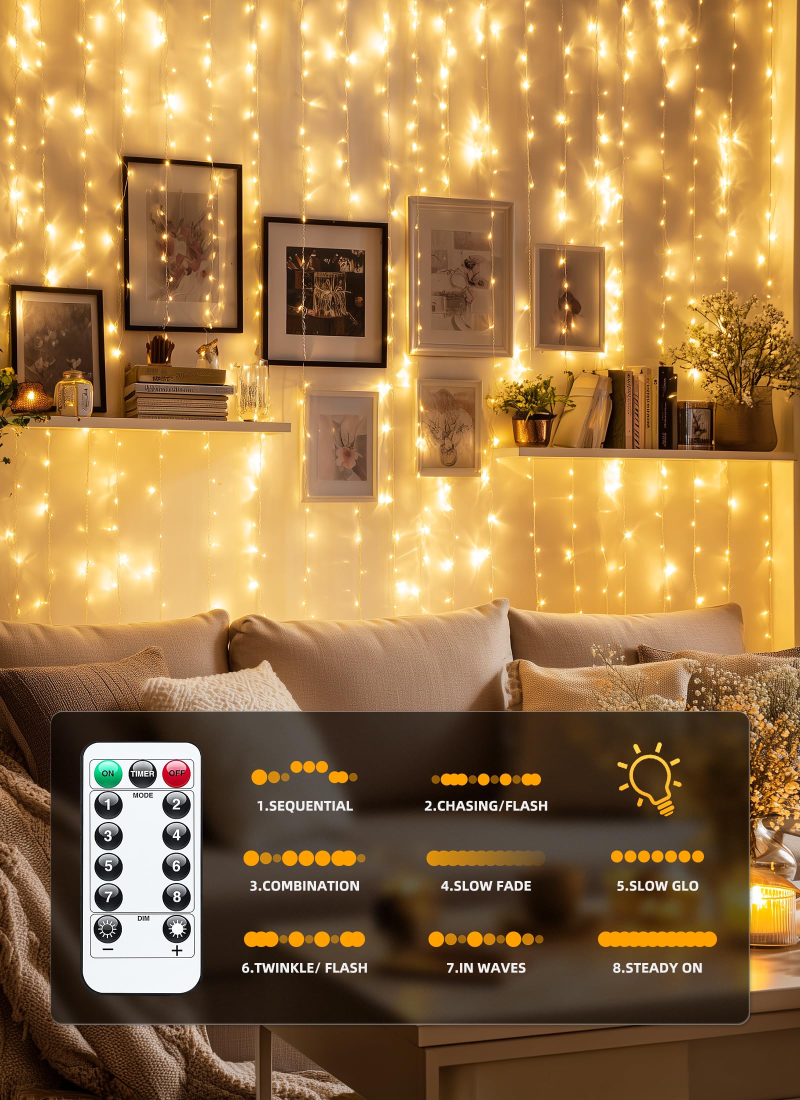 Brightown 9.8 by 9.8 feet curtain lights cover wide display areas.