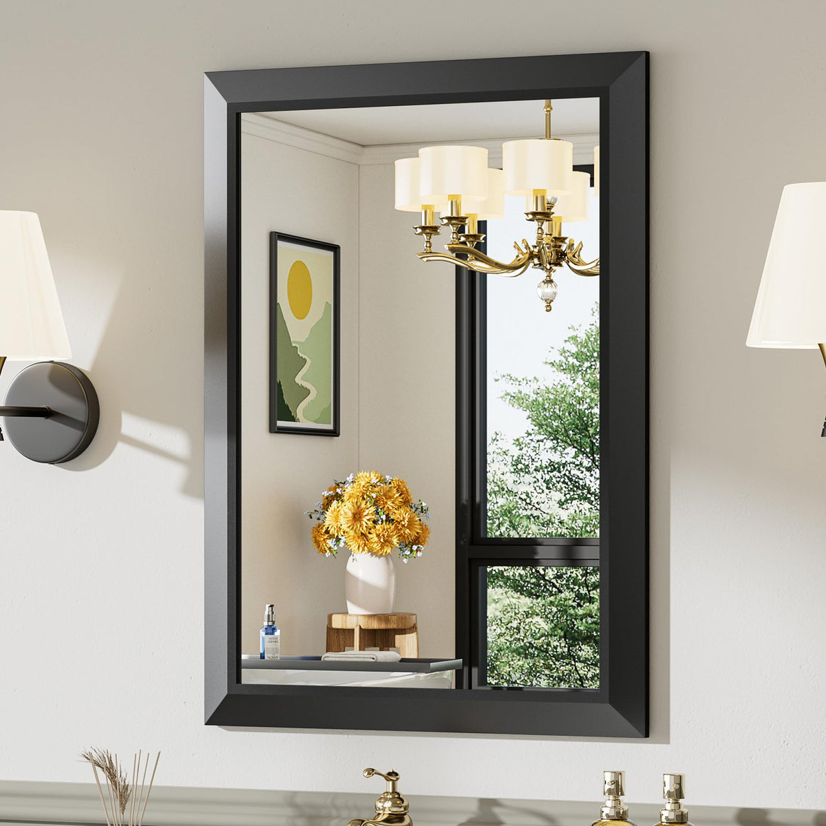 Briivue bathroom mirror over sink with black frame delivers a crisp, distortion-free reflection.