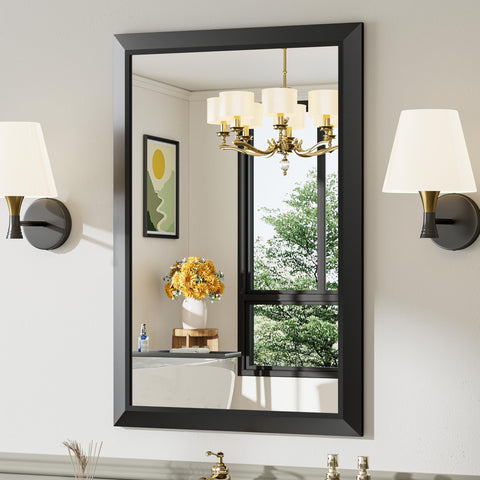 Briivue black beveled metal frame mirror provides a sleek bathroom focal point.