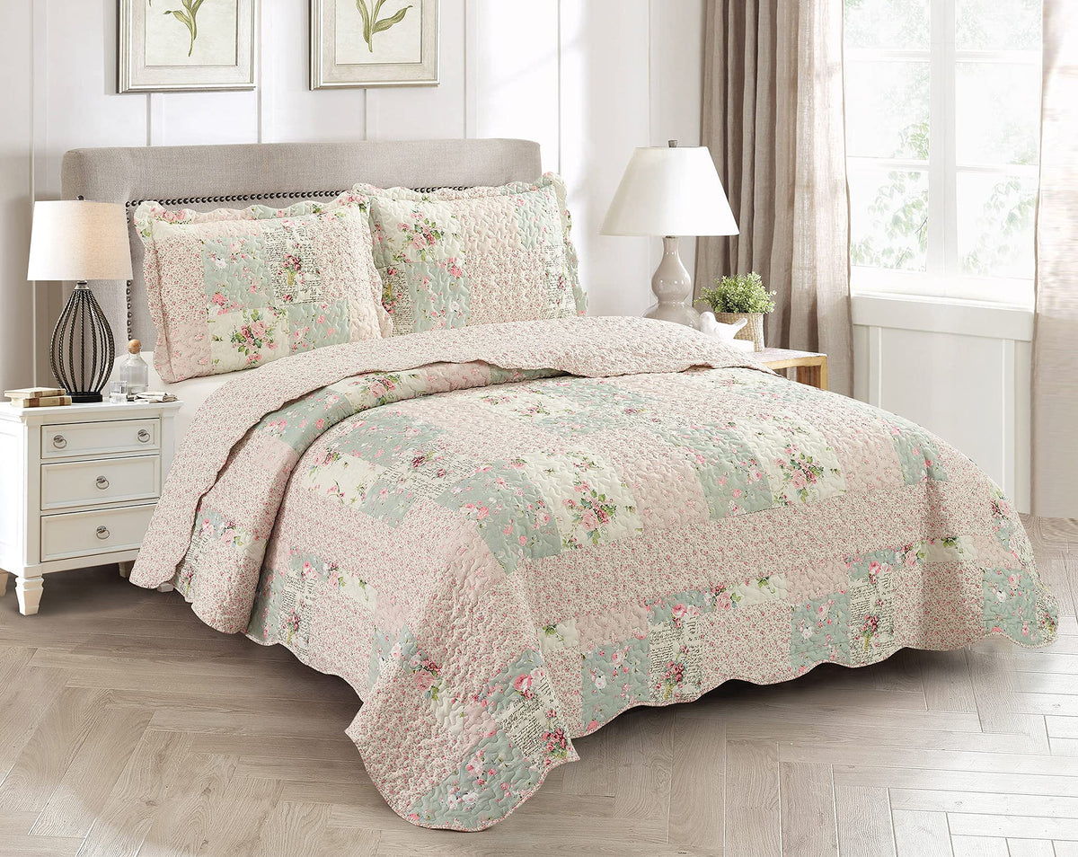 Brilliant Sunshine rose-sage quilt coverlet adds soft color and cozy feel.