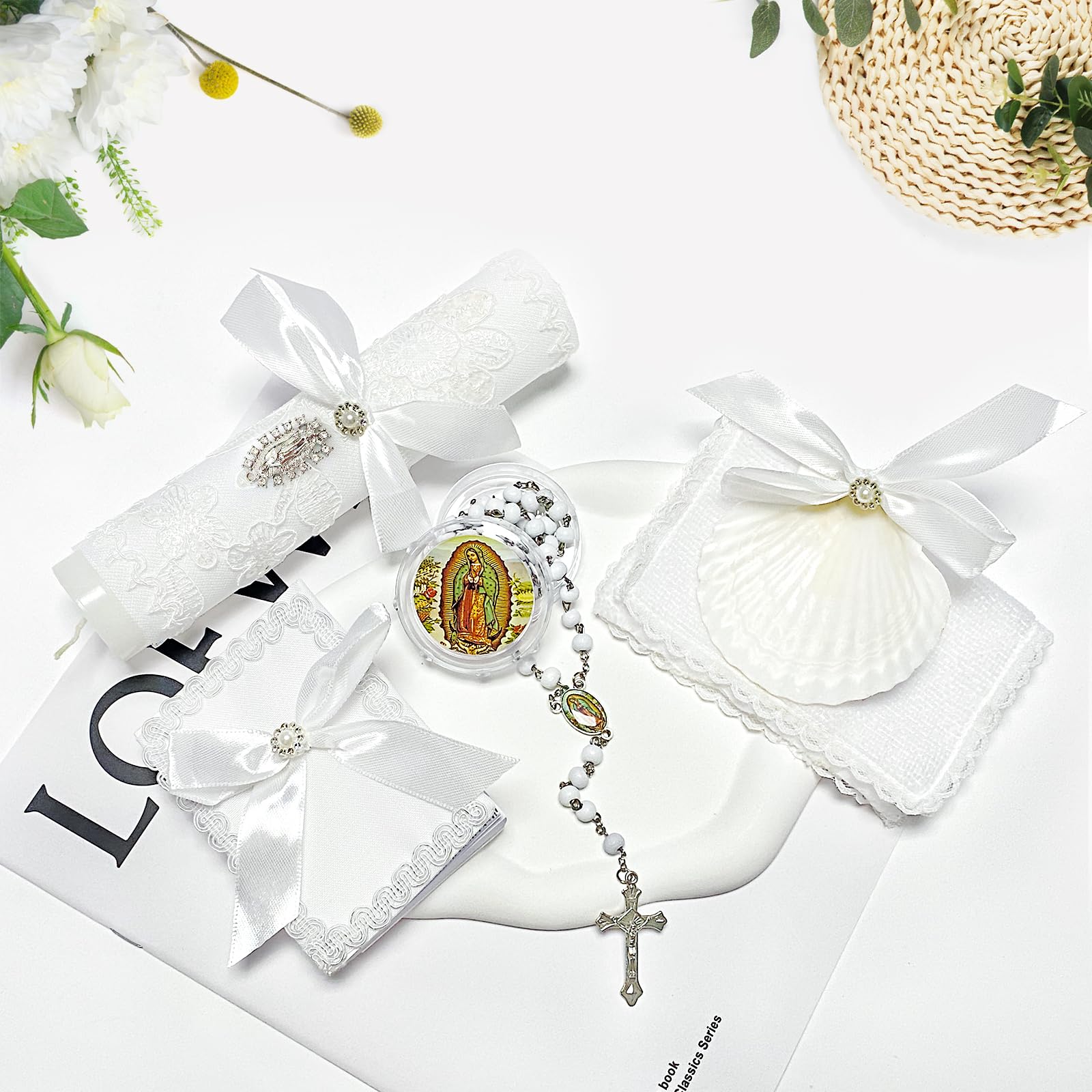 Brilucky baptism rosary white beads for family prayer