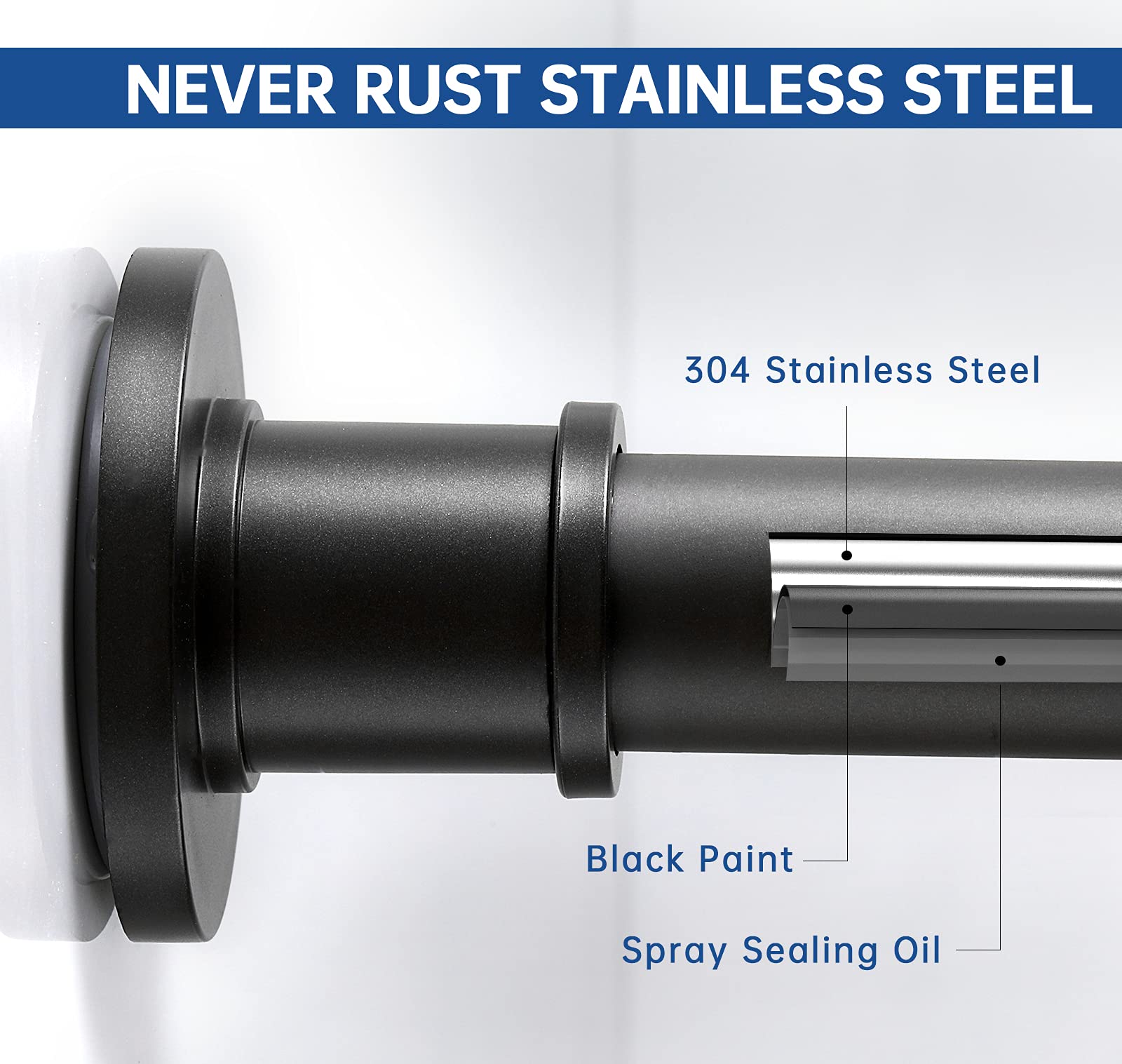 BRIOFOX matte black shower rod adds industrial style and corrosion resistance.