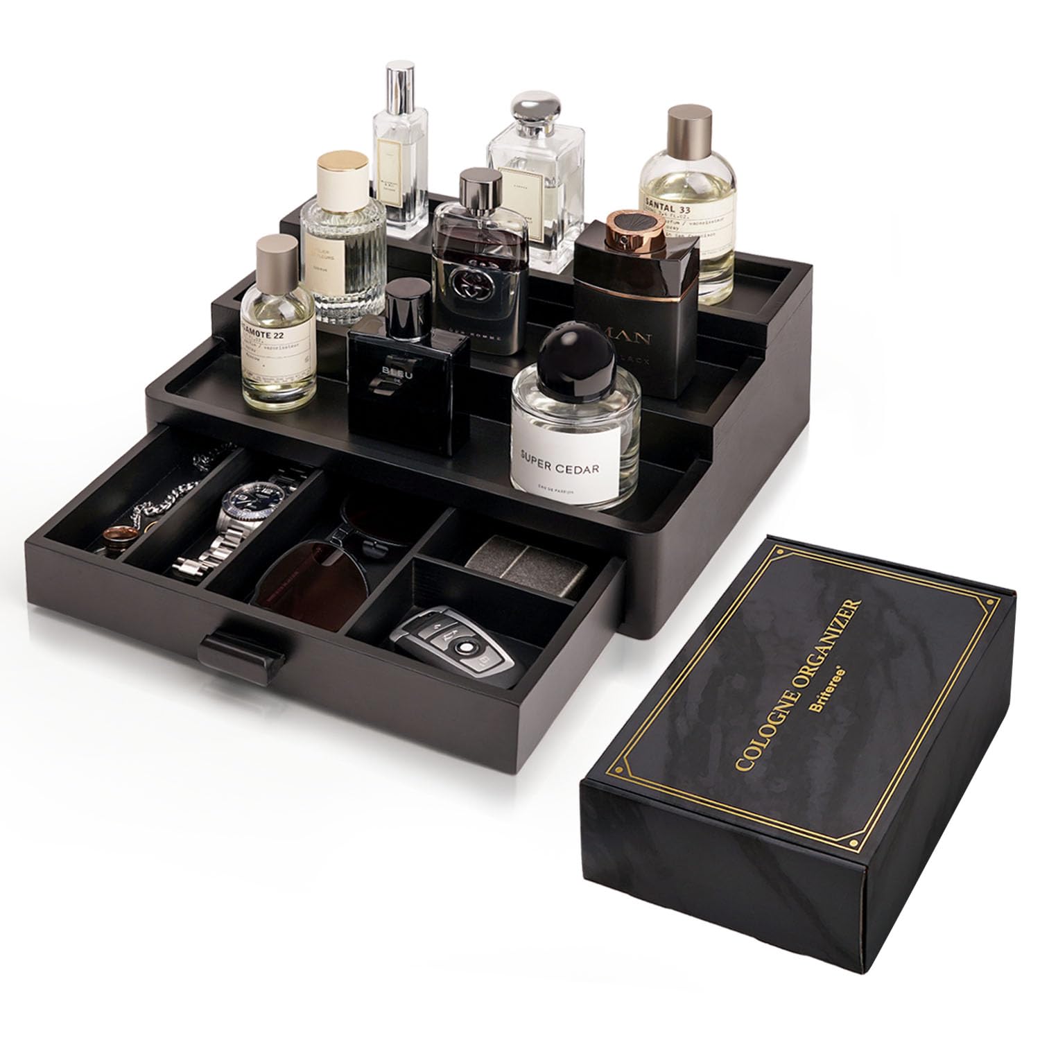 BRITEREE Cologne Organizer wooden 3-tier display keeps bottles neatly arranged on a vanity.
