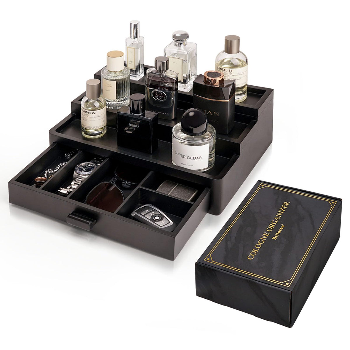 BRITEREE Cologne Organizer wooden 3-tier display keeps bottles neatly arranged on a vanity.