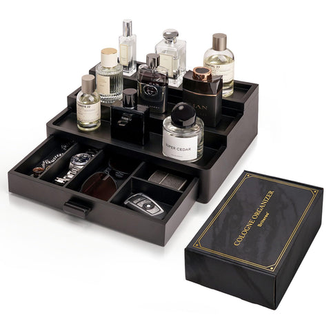 BRITEREE Cologne Organizer wooden 3-tier display keeps bottles neatly arranged on a vanity.