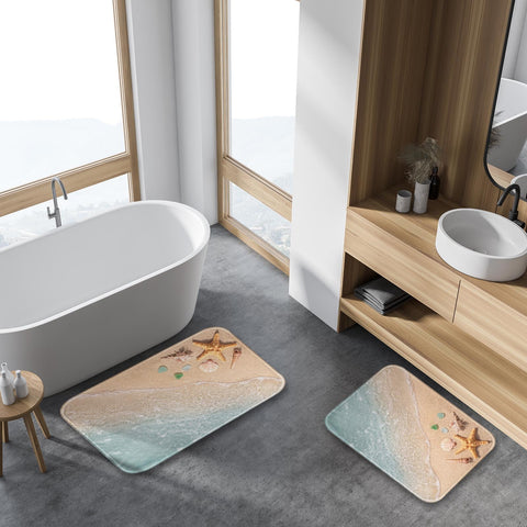 Britimes Beach Starfish Sea Shell rug styled in a bright bathroom setting.