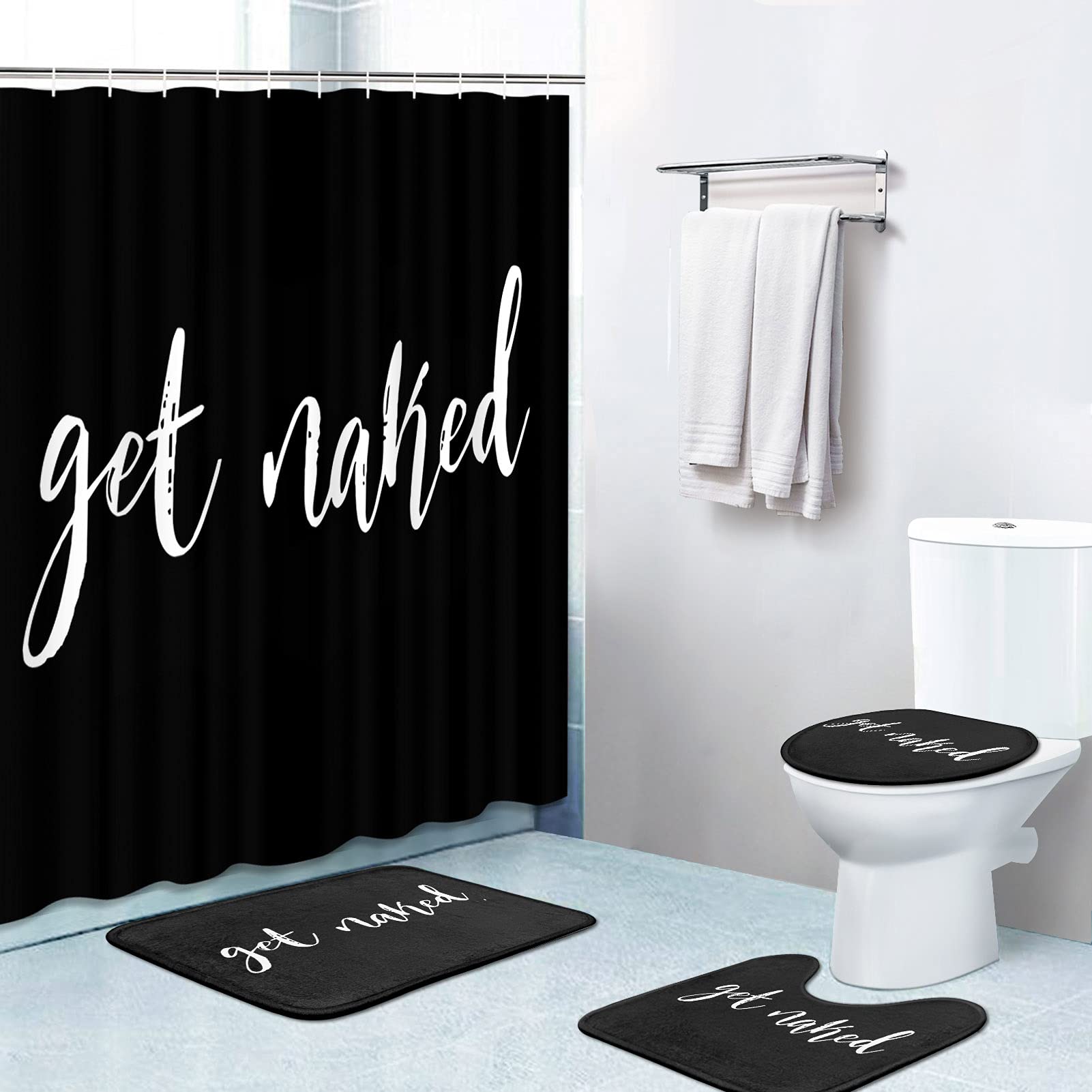 Britimes Get Naked Black shower curtain with waterproof fabric for quick drying.