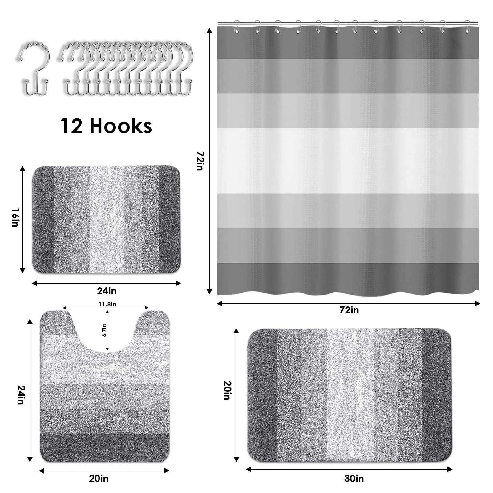 Britimes Grey Stripes set with 12 hooks for secure hanging.
