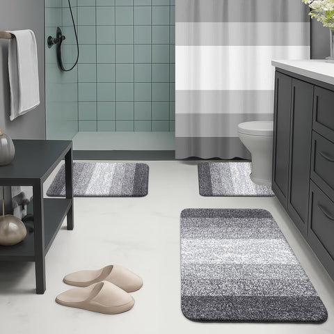 Britimes Grey Stripes liner with magnetic weights keeps water in, protecting the bathroom floor.