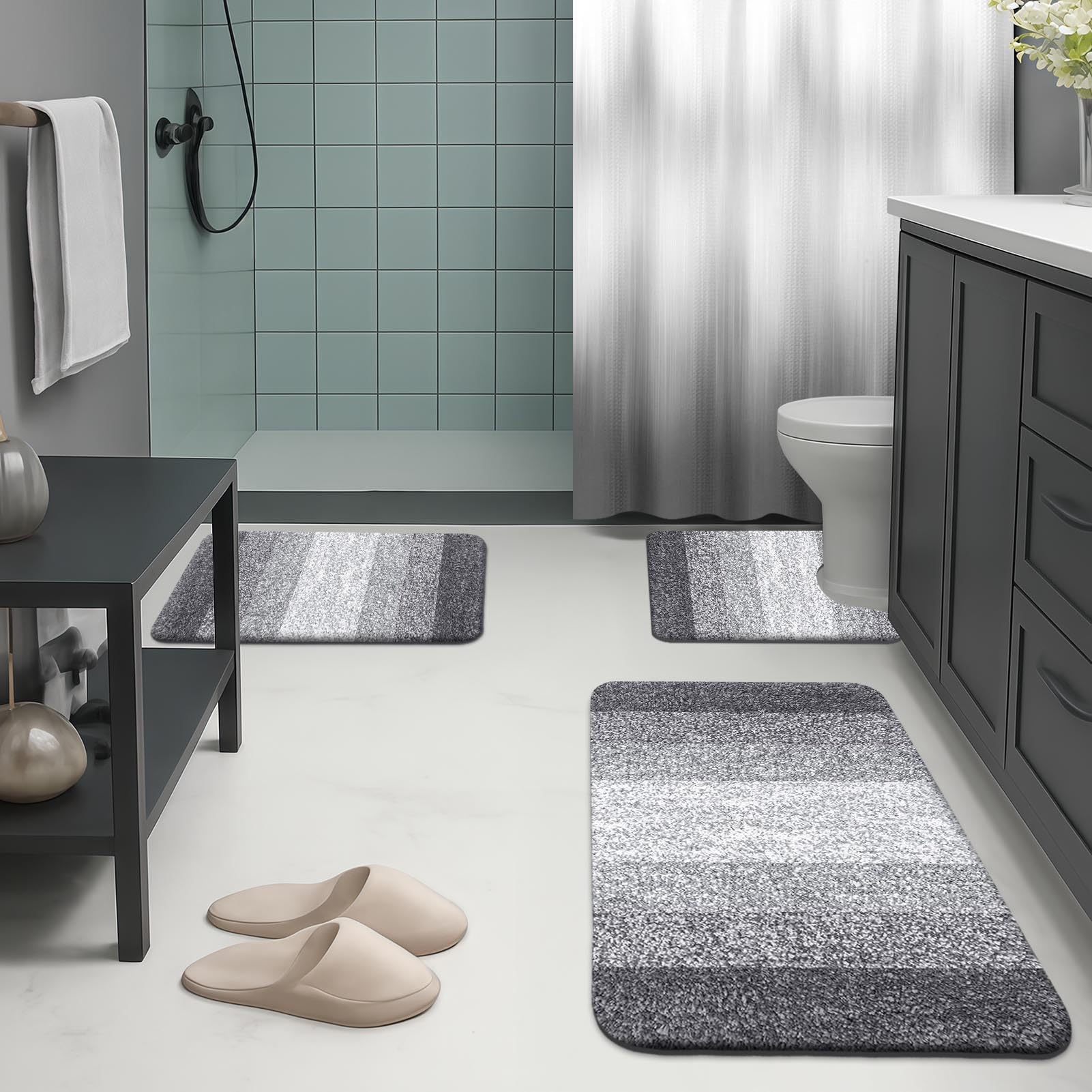 Britimes Grey Stripes shower curtain texture close-up highlighting durable waffle weave.