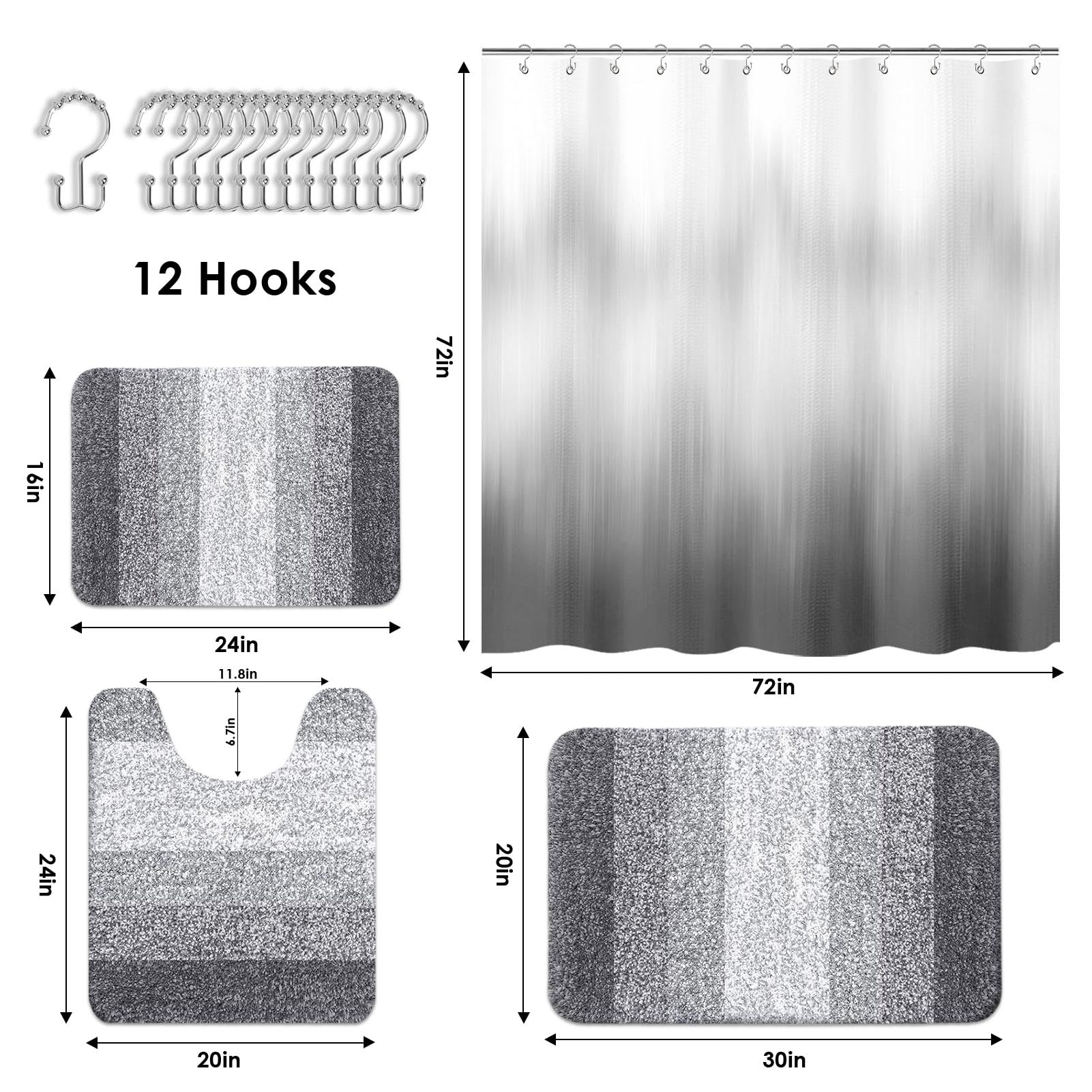 Britimes Grey Stripes waterproof liner with weights preventing curtain cling and puddles.