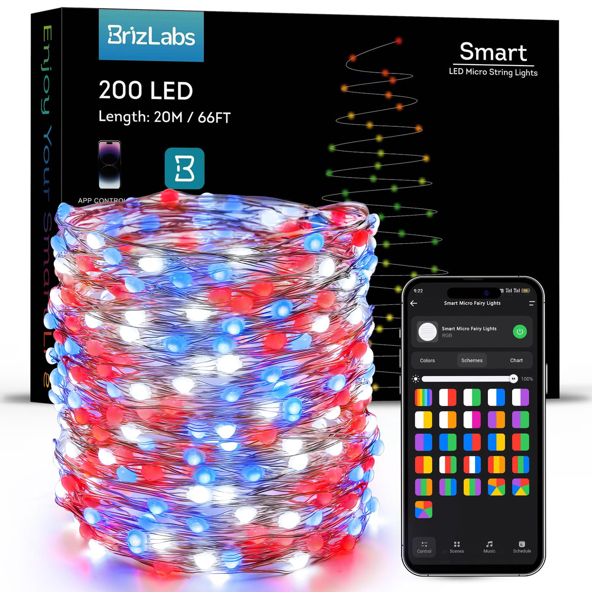 BrizLabs Smart Fairy String Lights, 66ft length for versatile room ambiance and events.