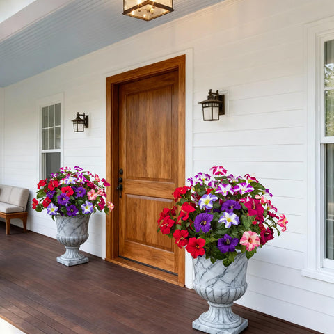Brlita artificial petunia silk flowers with greenery for porch styling