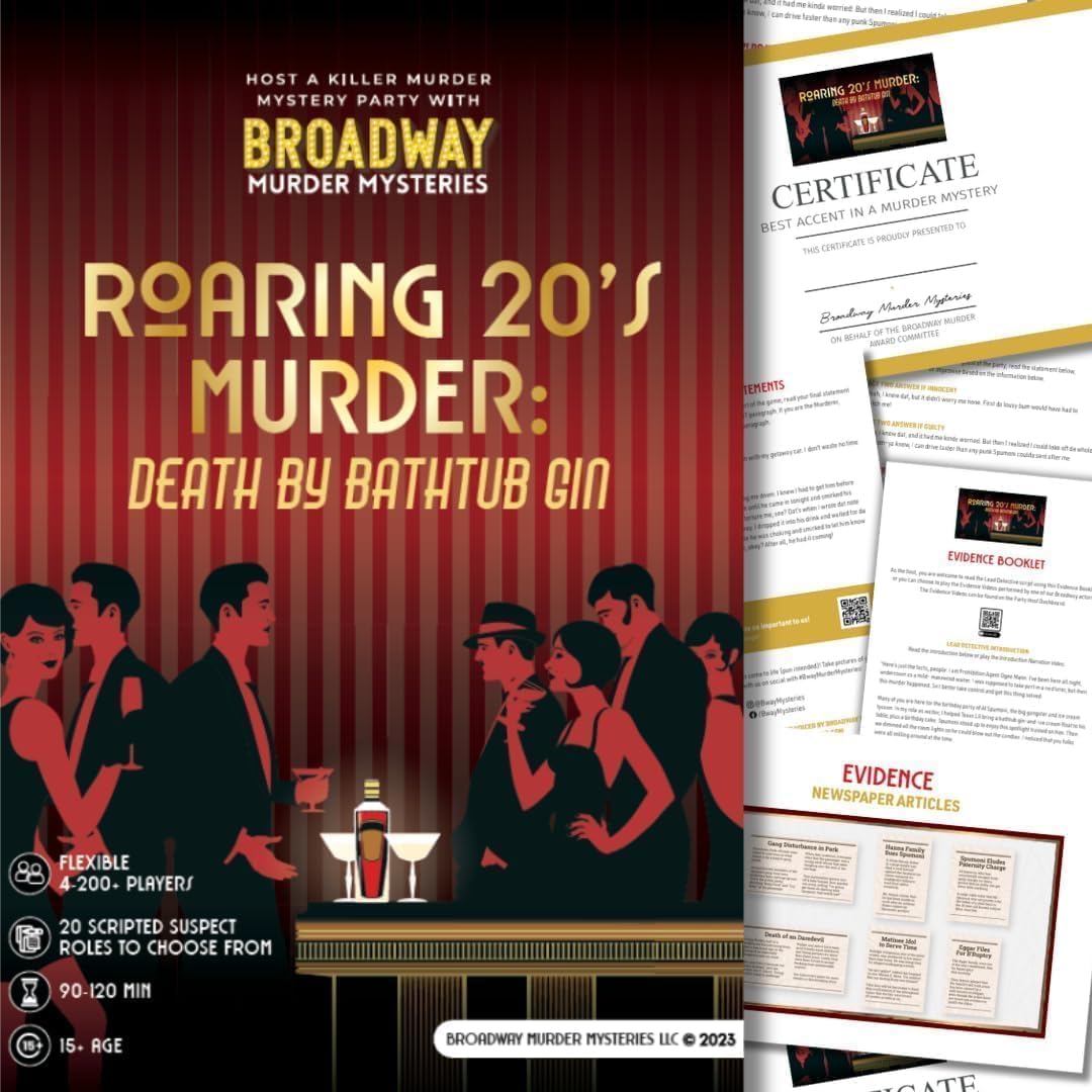 Broadway Murder Mysteries Roaring 20s kit ready for in-person or Zoom fun.