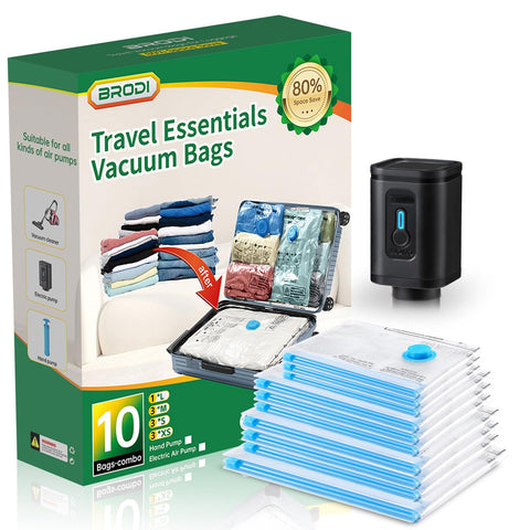 Brodi travel vacuum bags set helps organize luggage and saves space on trips
