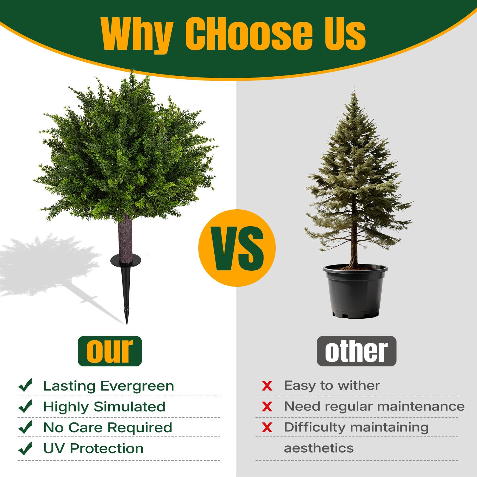 Broiscy cedar structure complements exteriors with lifelike trunk and durable foliage.