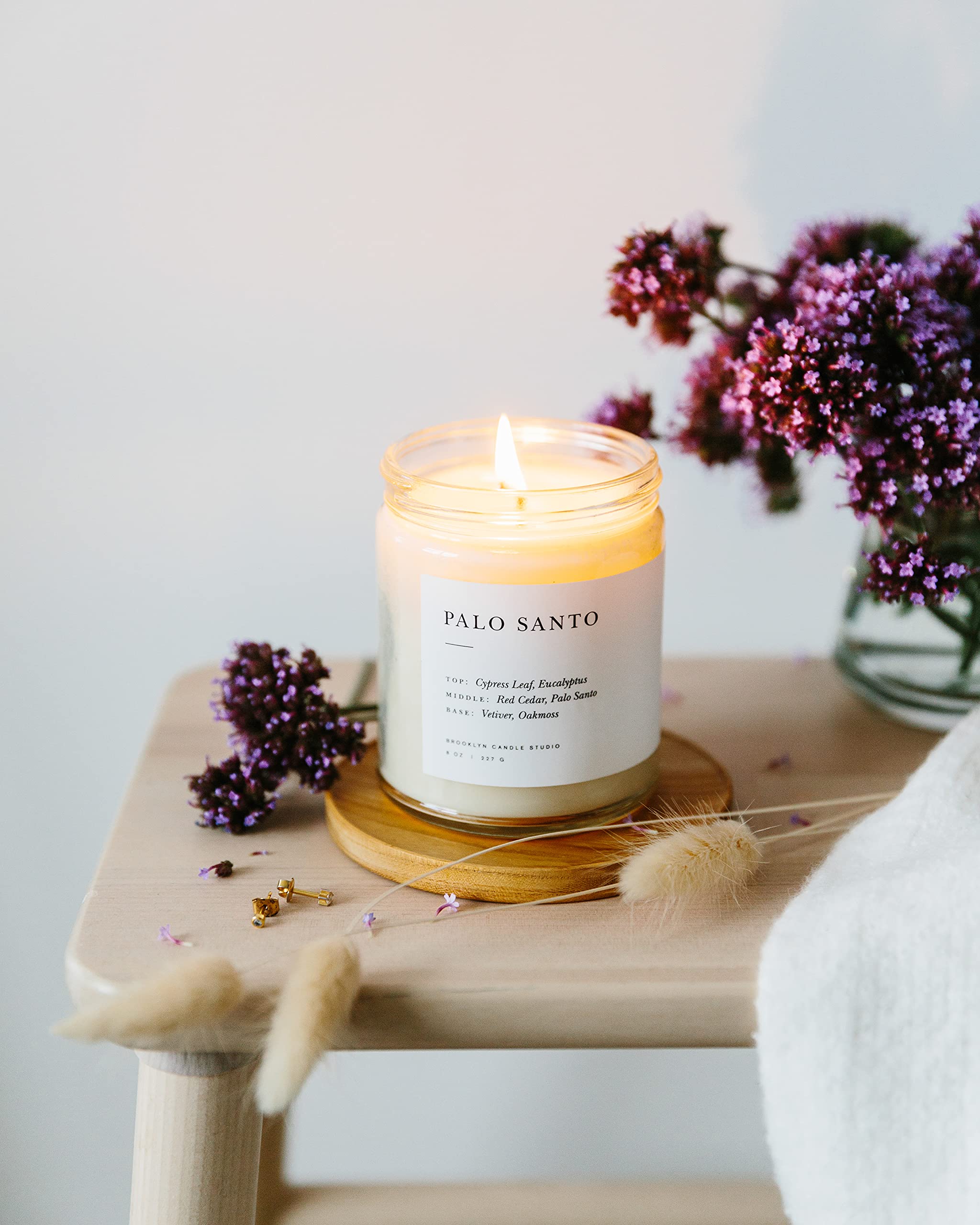 Brooklyn Candle Studio Palo Santo jar candle with brushed gold lid adds a touch of luxe