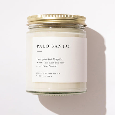 Brooklyn Candle Studio Palo Santo jar candle with sandalwood-amber base for cozy evenings