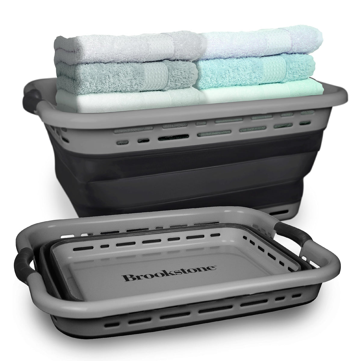 Brookstone 11 gallon XL collapsible basket with non-slip handles for easy carrying.