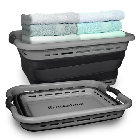 Brookstone 11 gallon XL collapsible basket with non-slip handles for easy carrying.