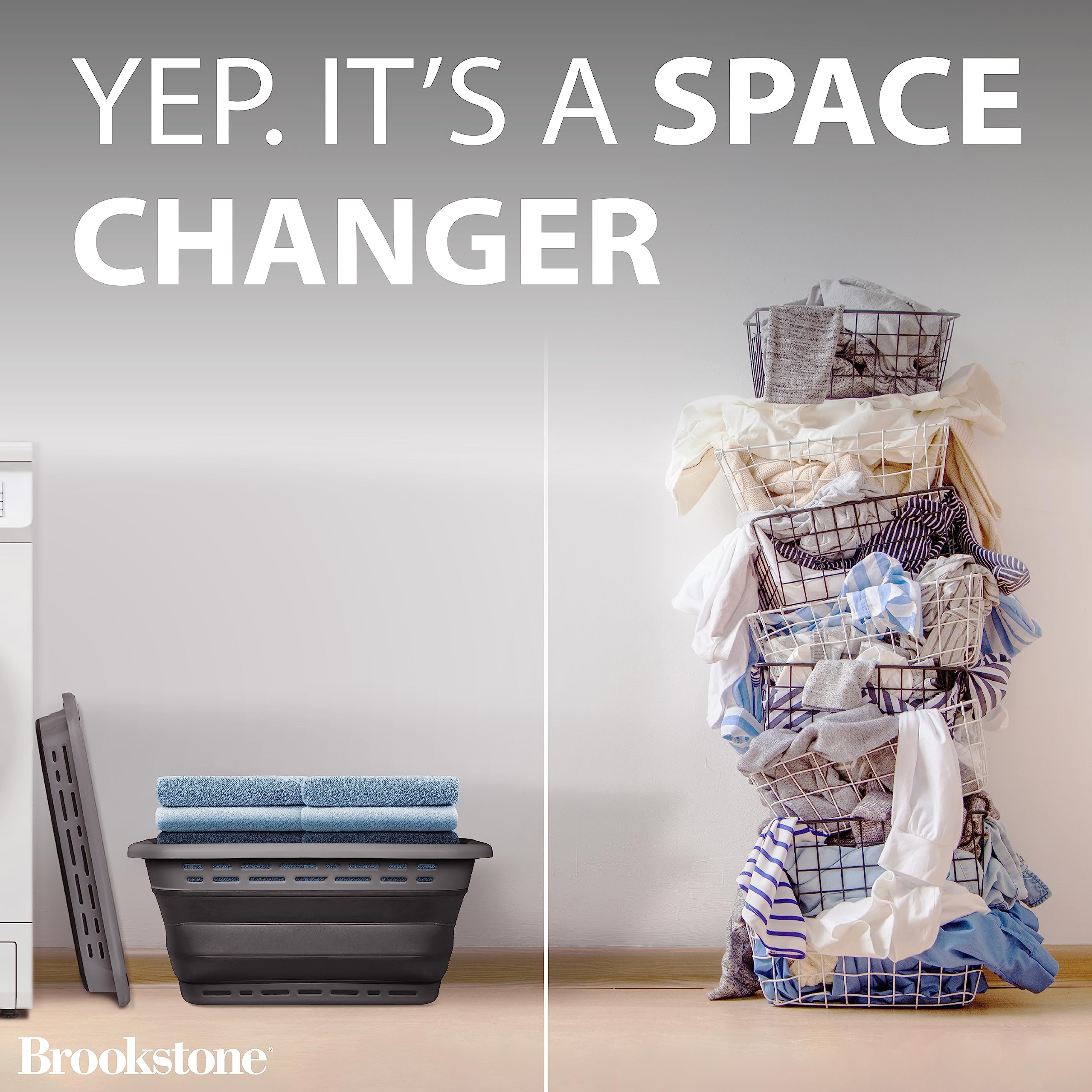 Brookstone laundry basket with sturdy handles for easy transport.